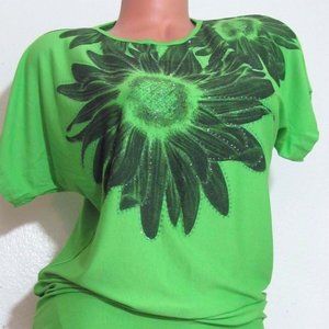 Green Floral Short Sleeve Casual summer day blouse top shirt Sz M